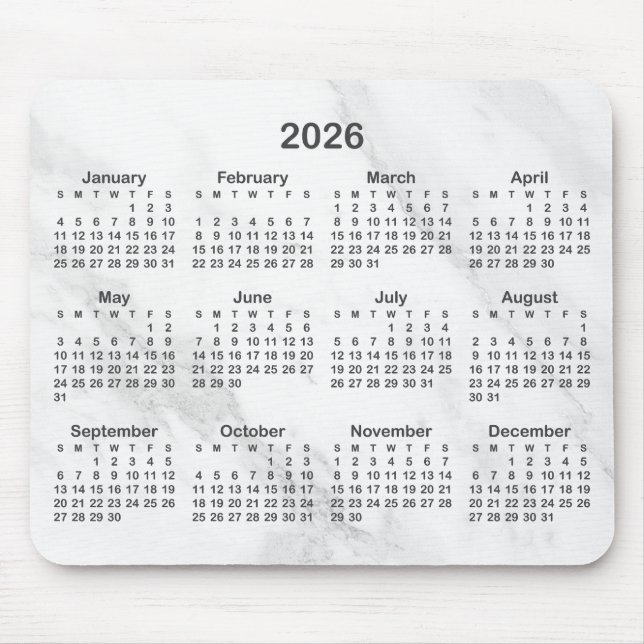 White Marble Dark Grey 2026 Calendar Mouse Pad (Front)