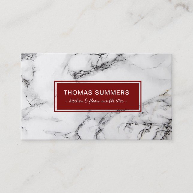 White Marble Dark Red Accent Business Card (Front)