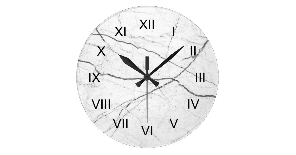 White Marble Depiction Black Roman Numerals Large Clock