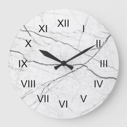 White Marble Depiction Black Roman Numerals Large Clock