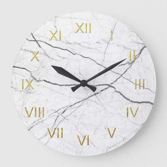 White Marble Depiction Wall Clock Gold Numerals (Front)