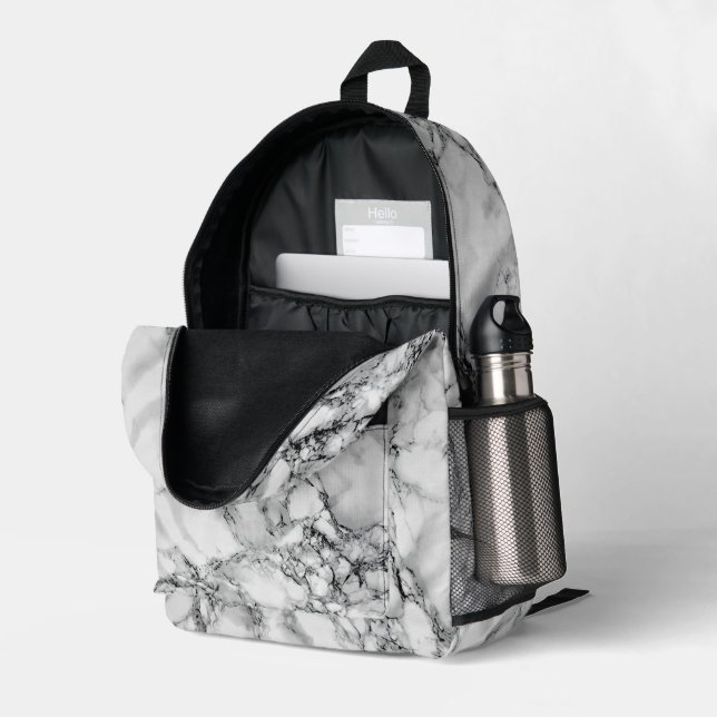 White Marble Design Printed Backpack (Back Corner Right (Open))