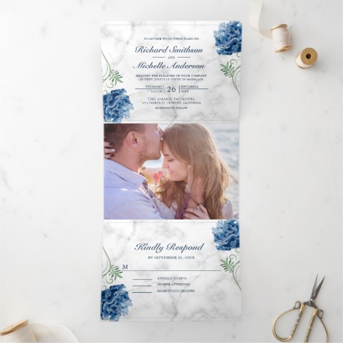 White Marble Dusty Blue Hydrangea Floral Wedding Tri_Fold Invitation