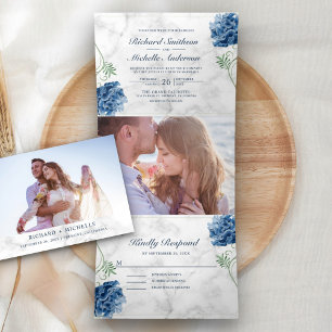White Marble Dusty Blue Hydrangea Floral Wedding Tri-Fold Invitation