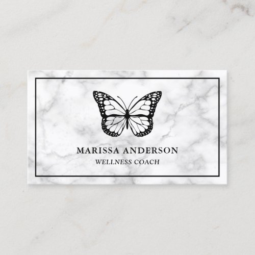 White Marble Elegant Black Butterfly Business Card