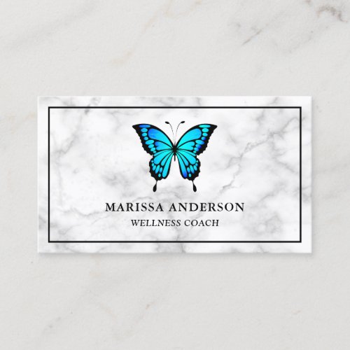 White Marble Elegant Blue Butterfly Business Card