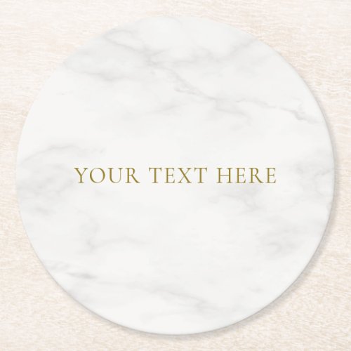 White Marble Elegant Gold Look Text Template Round Paper Coaster