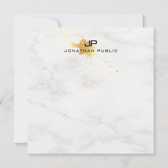 White Marble Elegant Gold Splash Modern Monogram Note Card (Front)