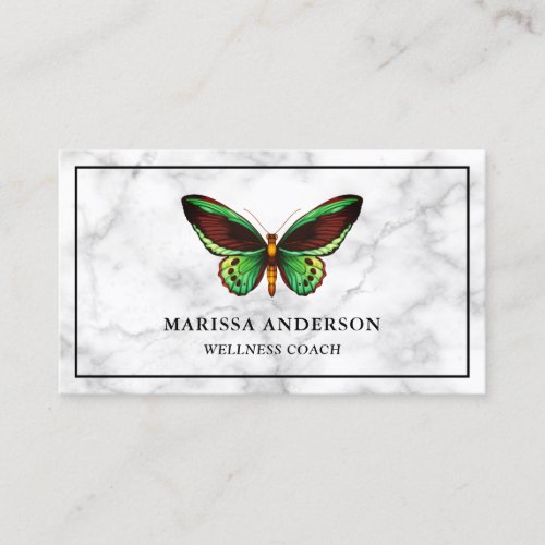 White Marble Elegant Green Butterfly Business Card