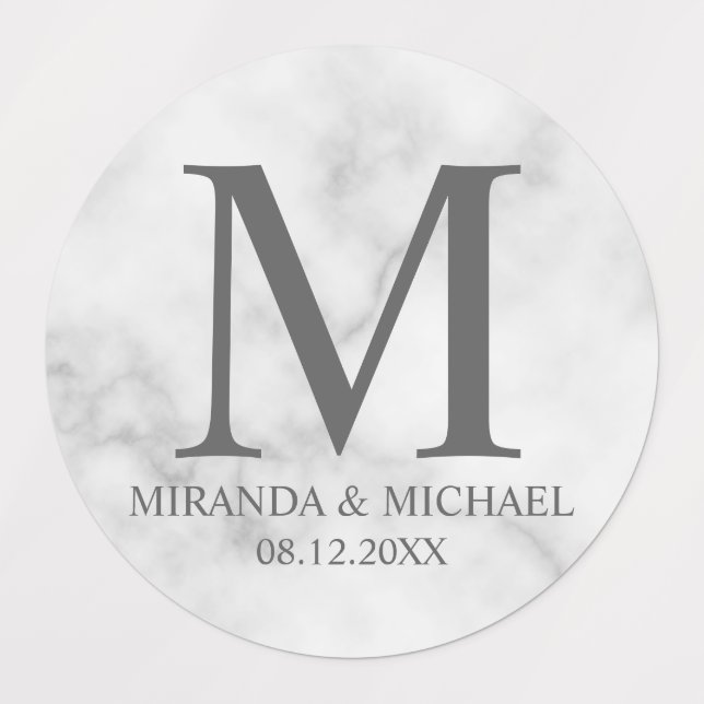 White Marble Elegant Monogram Wedding Favor Labels (Design 1)
