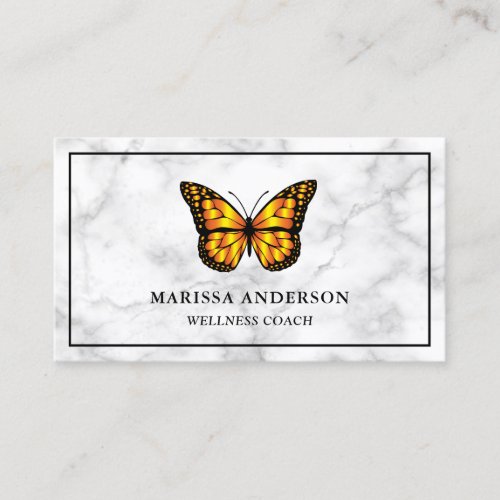 White Marble Elegant Orange Monarch Butterfly Business Card