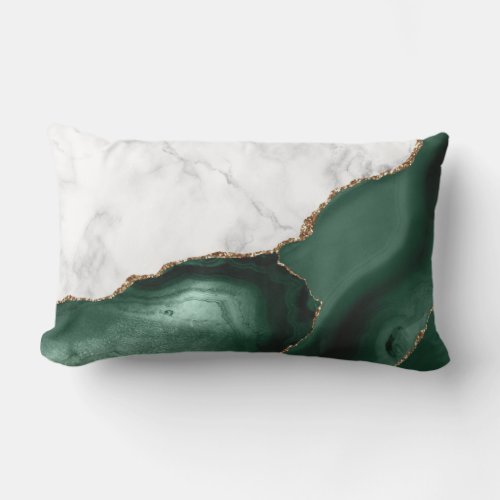 White Marble Emerald Green Agate Gold Glitter Lumbar Pillow