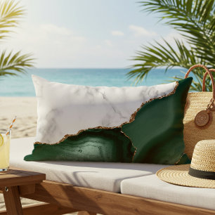 White Marble Emerald Green Agate Gold Glitter Lumbar Pillow