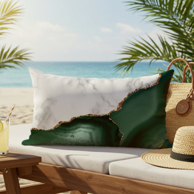 White Marble Emerald Green Agate Gold Glitter Lumbar Pillow (Creator Uploaded)