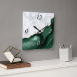 White Marble Emerald Green Agate Gold Glitter Square Wall Clock<br><div class="desc">Elegant modern white marble and emerald green agate trimmed with faux gold glitter combine in this luxurious square wall clock. The numbers 3 and 6 appear in light gray on the blue agate background,  while the numbers 9 and 12 appear in green on the white marble.</div>