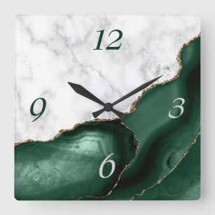 White Marble Emerald Green Agate Gold Glitter Square Wall Clock