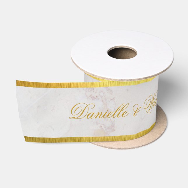 White Marble Faux Gold Elegant Calligraphy Wedding Satin Ribbon (Spool)