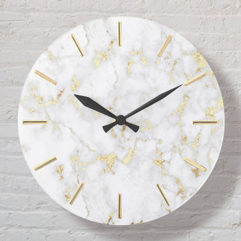 White Marble Faux Gold Foil Details Large Clock by amoredesign at Zazzle