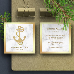 White Marble Faux Gold Foil Nautical Rope Anchor Square Business Card