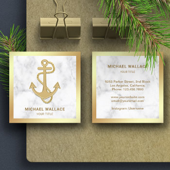 White Marble Faux Gold Foil Nautical Rope Anchor Square Business Card by ShabzDesigns at Zazzle