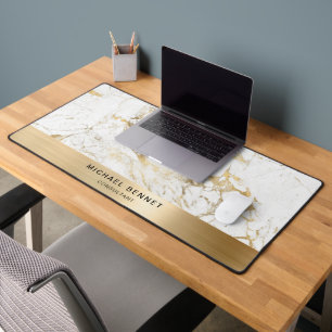 White Marble Faux Gold Metallic Business Desk Mat