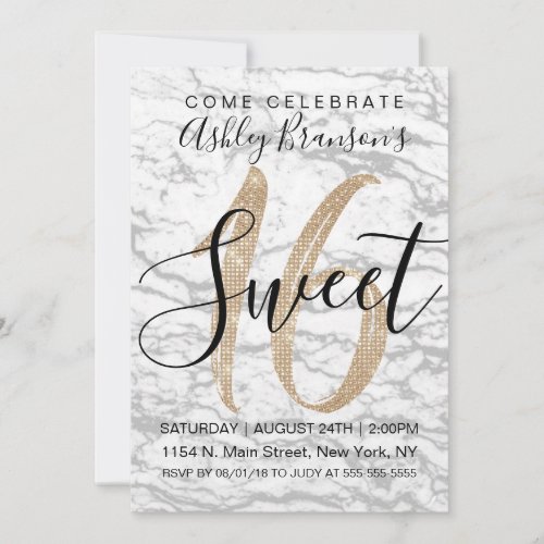 White Marble Faux Gold Sequin Glitter Sweet 16 Invitation