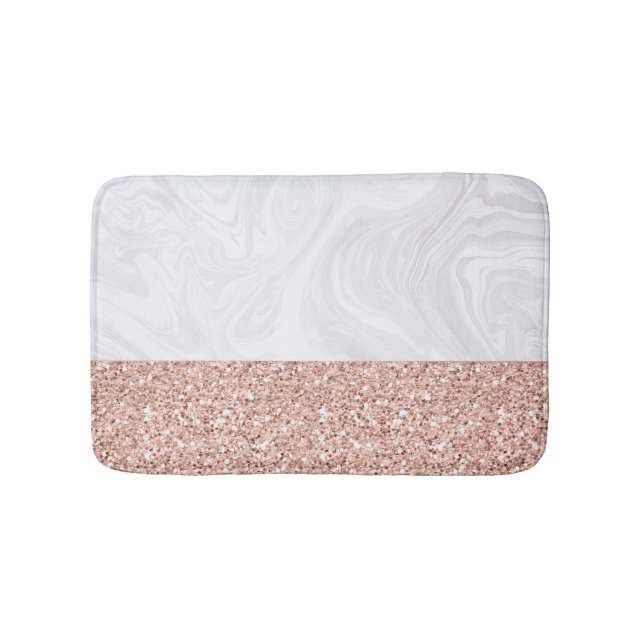 White Marble Faux Rose Gold Pink Glitter Bath Mat (Front)