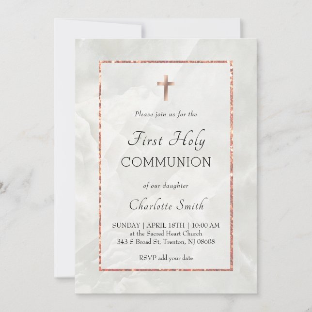 white marble First Holy Communion Invitation (Front)