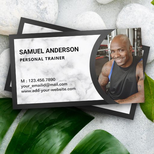 Customizable White Marble Fitness Personal Trainer Photo Business Card