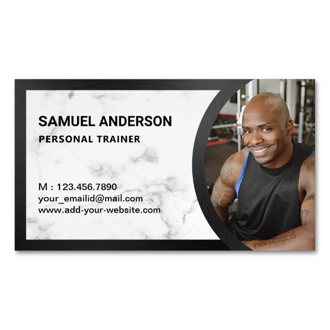 White Marble Fitness Personal Trainer Photo Business Card Magnet (Front)