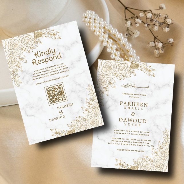 White Marble Floral Lace Islamic Muslim QR Wedding Invitation (Creator Uploaded)