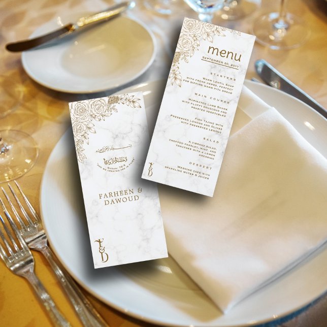White Marble Floral Lace Islamic Muslim Wedding Menu (Creator Uploaded)