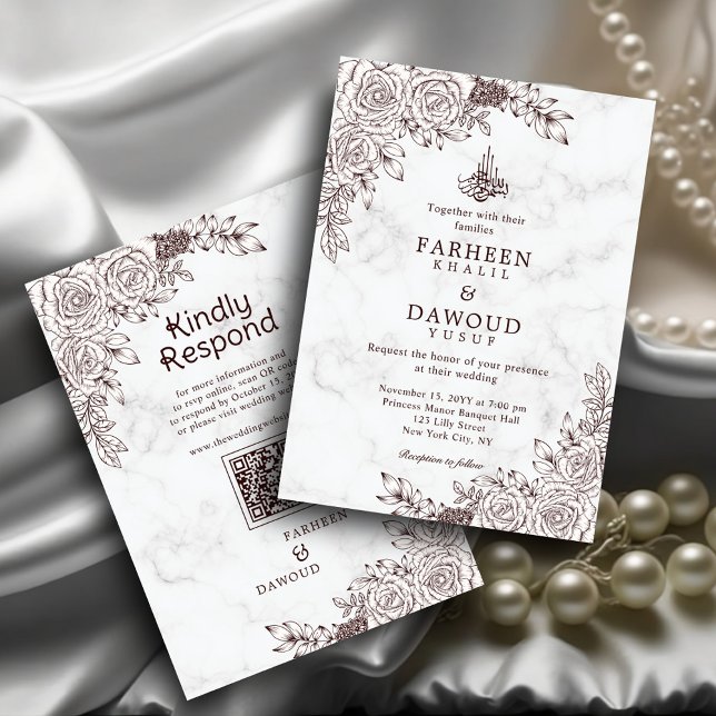 White Marble Floral Lace Islamic QR Code Wedding Invitation (Creator Uploaded)