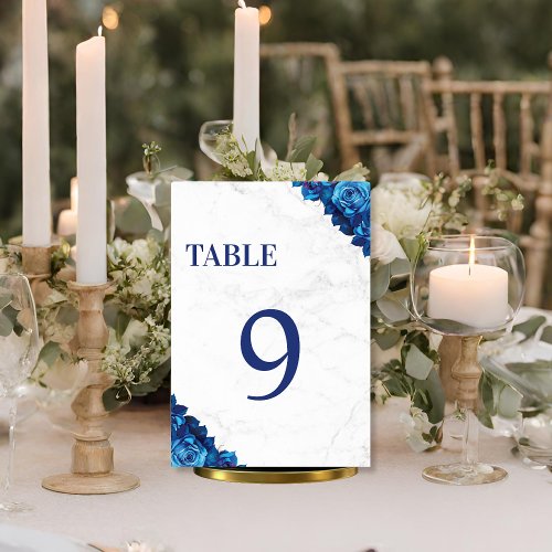 White Marble Floral Navy Blue Wedding Table Number