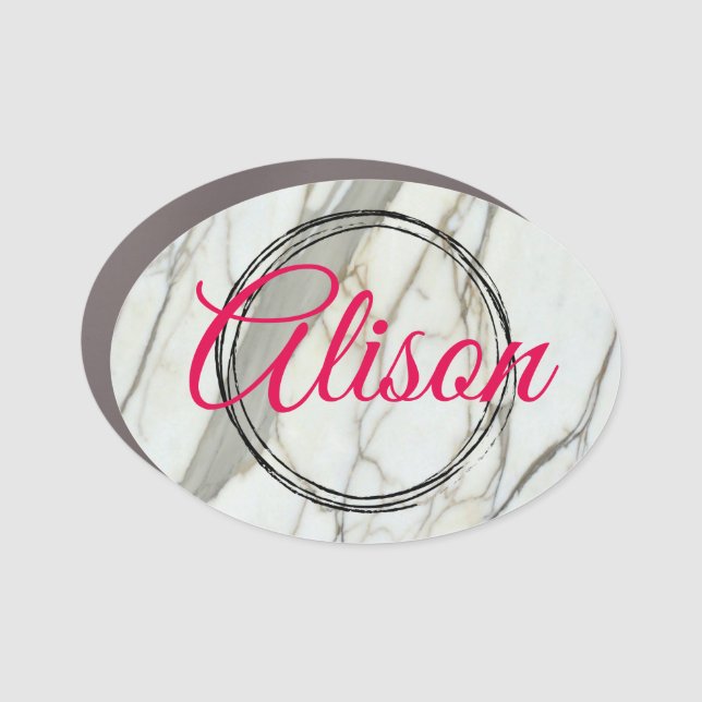 White marble , fuchsia modern logo custom name  car magnet (Front)