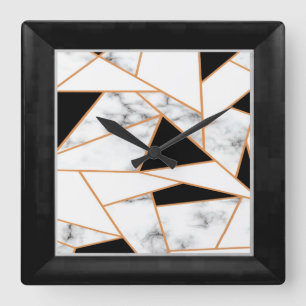 White Marble Geometric in gold, black Square Wall Clock