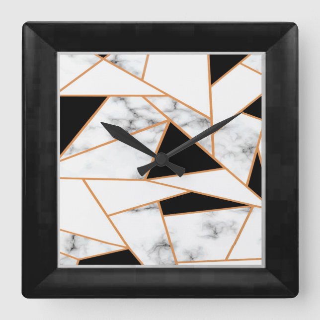 White Marble Geometric in gold, black Square Wall Clock (Front)