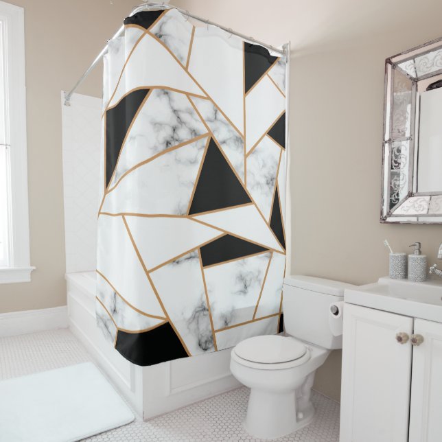 White Marble Geometric in Gold Shower Curtain (In Situ)