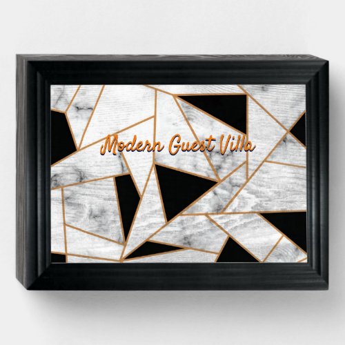 White Marble Geometric in Gold Wooden Box Sign