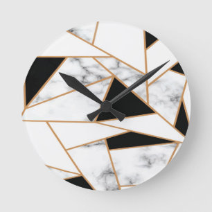 White Marble Geometric pattern in Gold Round Clock