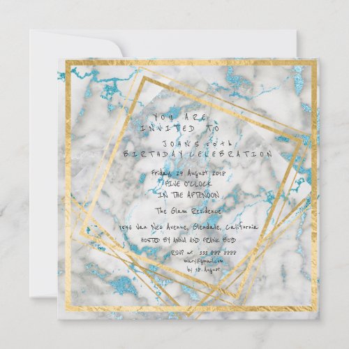 White Marble Geometry Gold Square Birthday Party Invitation