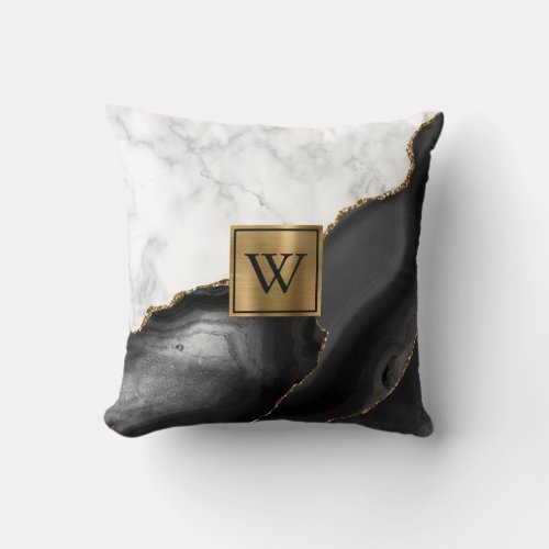 White Marble Gilded Black Agate Monogram Throw Pillow