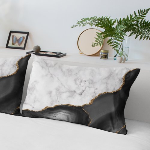 White Marble Gilded Black Agate Pillow Case
