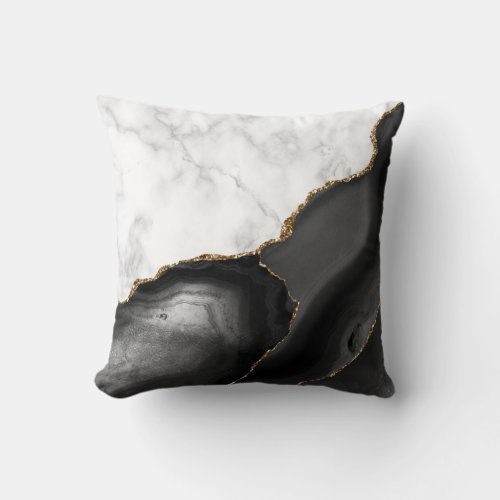 White Marble Gilded Black Agate Throw Pillow