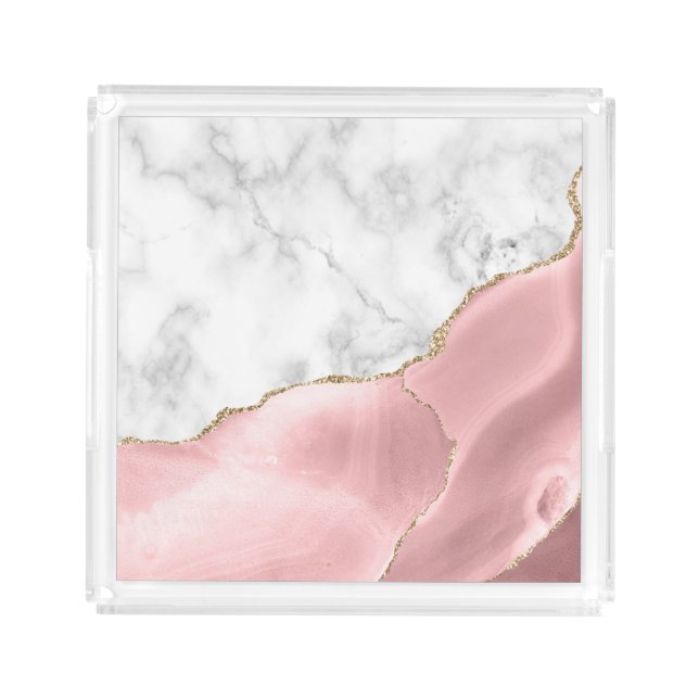White Marble Gilded Blush Pink Agate Acrylic Tray (Front)