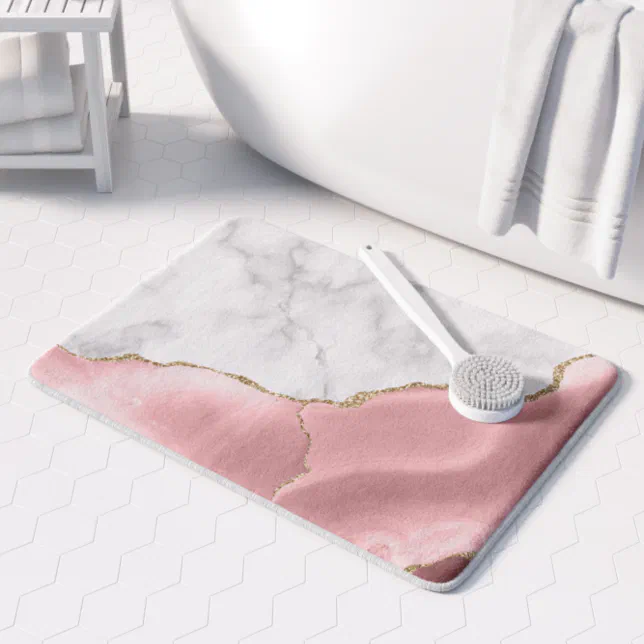 White Marble Gilded Blush Pink Agate Bath Mat Zazzle