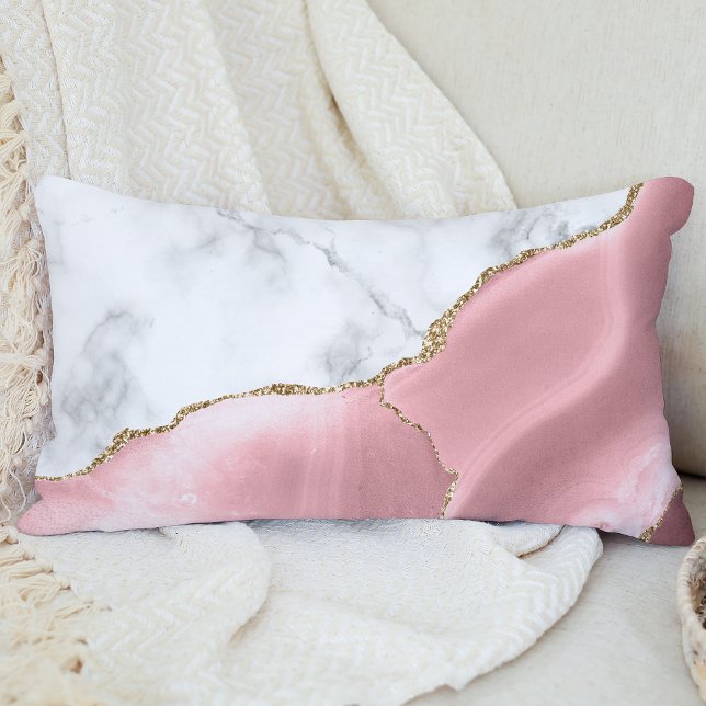White Marble Gilded Blush Pink Agate Lumbar Pillow (Creator Uploaded)