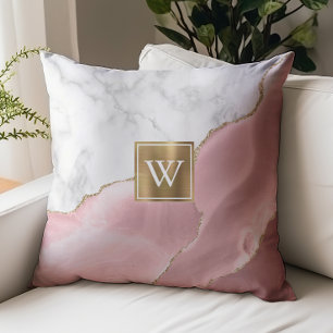White Marble Gilded Blush Pink Agate Monogram Throw Pillow
