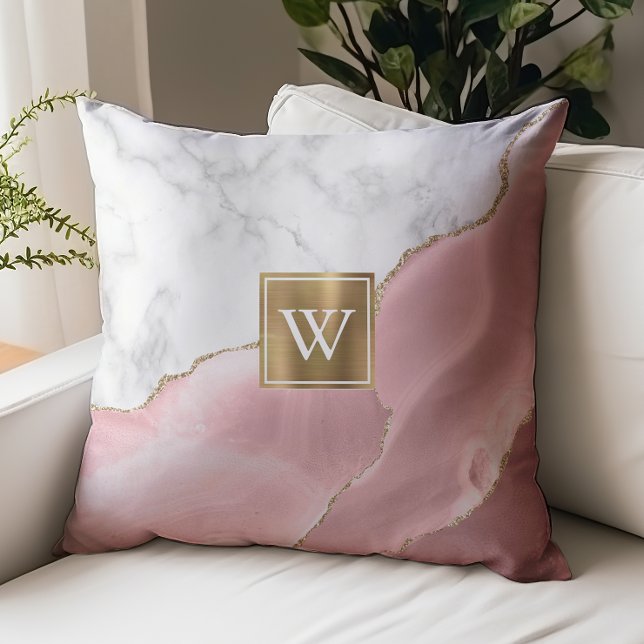 White Marble Gilded Blush Pink Agate Monogram Throw Pillow (Creator Uploaded)