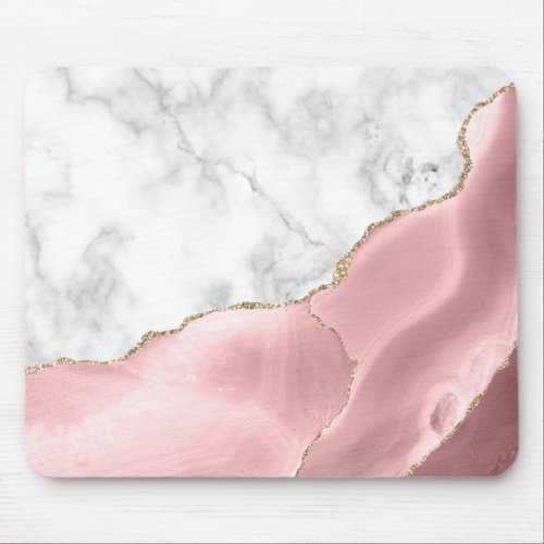 White Marble Gilded Blush Pink Agate Mouse Pad